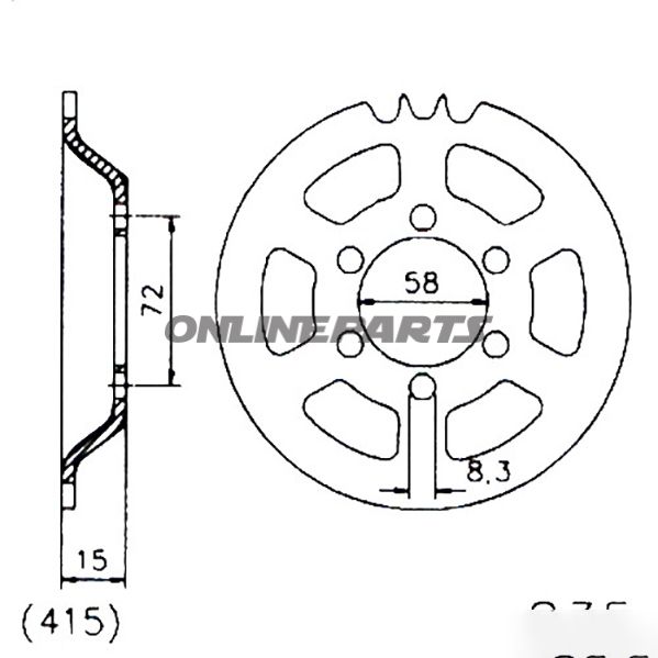 Bagtandhjul 40 T, Størrelse 415Inner Diameter 058 Bolt Spacing 072