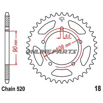 Bagtandhjul 43 T, Størrelse 520Inner Diameter 90 Bolt Spacing 108
