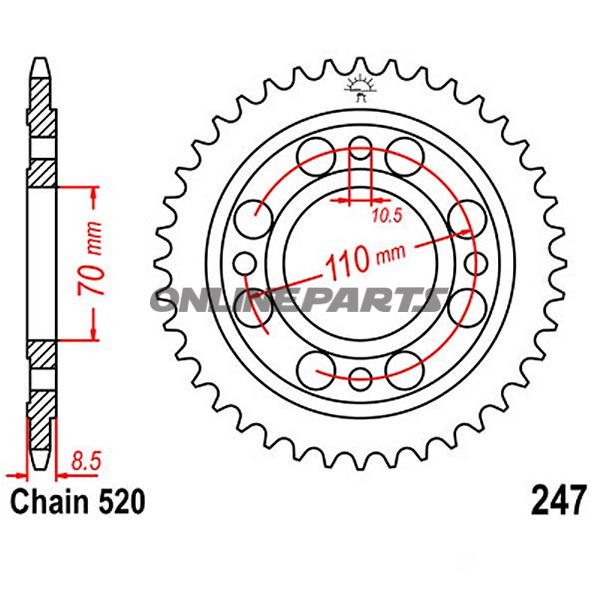 Bagtandhjul 41 T, Størrelse 520Inner Diameter 070 Bolt Spacing 110