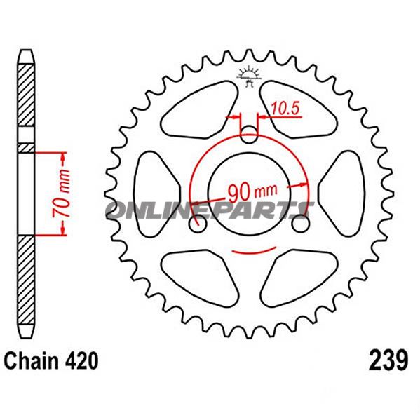 Bagtandhjul 42 T, Størrelse 420Inner Diameter 70 Bolt Spacing 90