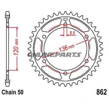 Bagtandhjul 44 T, Størrelse 530Inner Diameter 120 Bolt Spacing 135