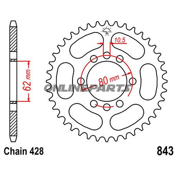 Bagtandhjul 51 T, Størrelse 428Inner Diameter 62 Bolt Spacing 80