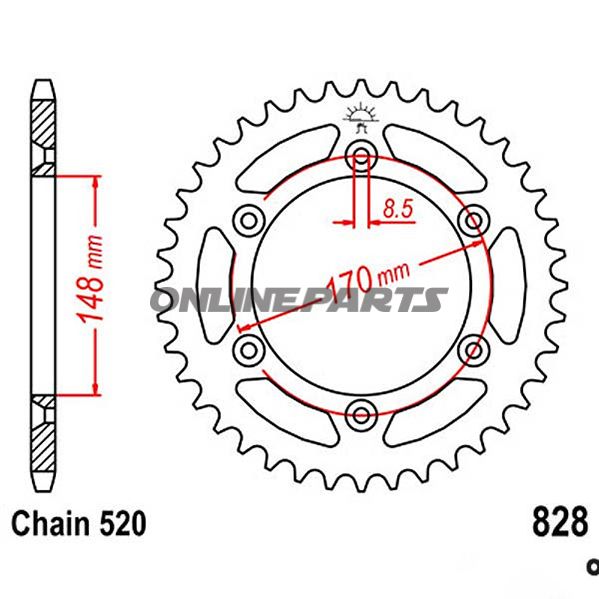 Bagtandhjul 48 T, Størrelse 520Inner Diameter 148 Bolt Spacing 170