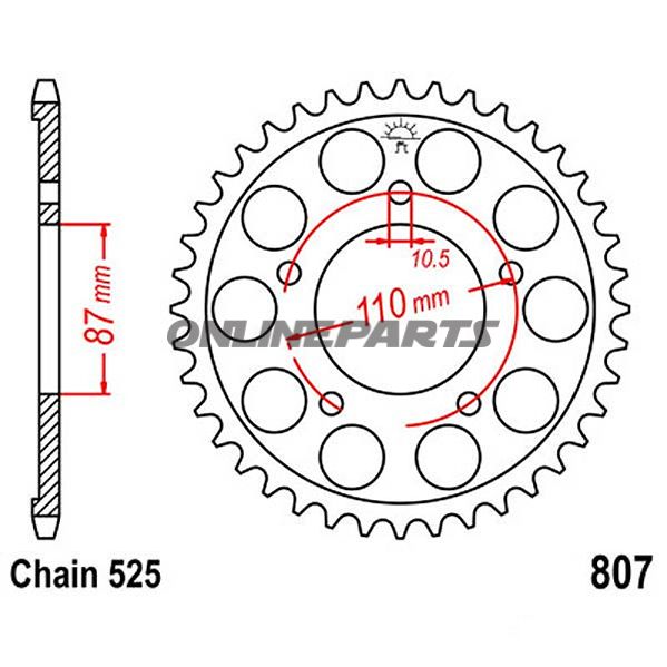 Bagtandhjul 47 T, Størrelse 525Inner Diameter 87 Bolt Spacing 110