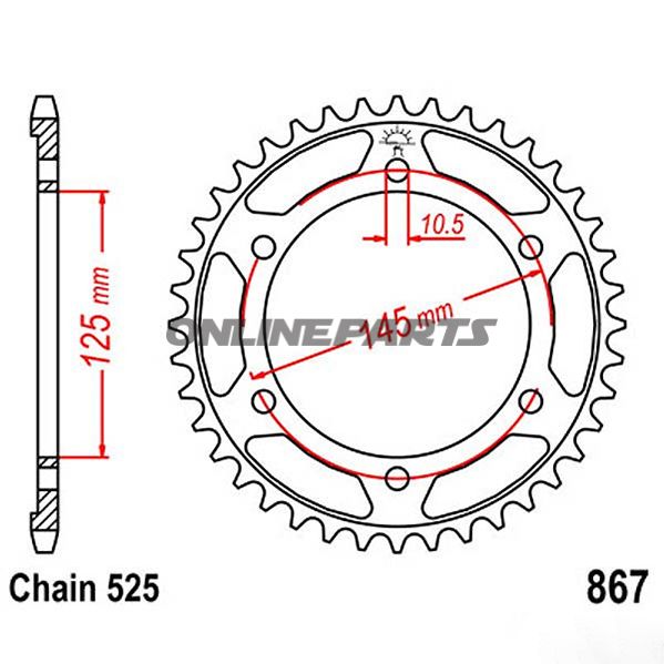 Bagtandhjul 44 T, Størrelse 525Inner Diameter 125 Bolt Spacing 145