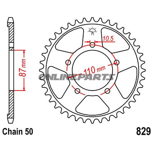 Bagtandhjul 44 T, Størrelse 530Inner Diameter 87 Bolt Spacing 110