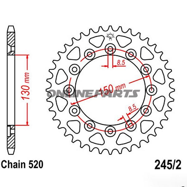 Bagtandhjul 40 T, Størrelse 520Inner Diameter 130 Bolt Spacing 150