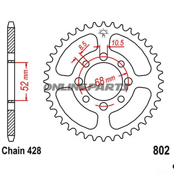 Bagtandhjul 42 T, Størrelse 428Inner Diameter 52 Bolt Spacing 68