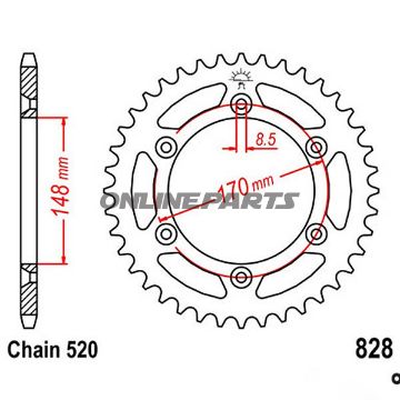Bagtandhjul 47 T, Størrelse 520Inner Diameter 148 Bolt Spacing 170
