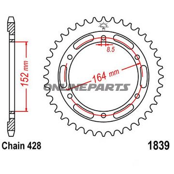 Bagtandhjul 55 T, Størrelse 428Inner Diameter 152 Bolt Spacing 164