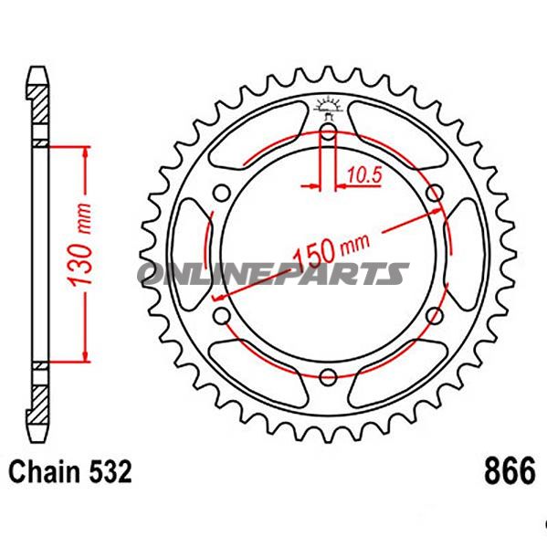 Bagtandhjul 43 T, Størrelse 532Inner Diameter 130 Bolt Spacing 150