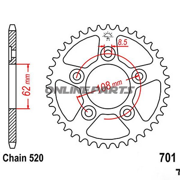 Bagtandhjul 43 T, Størrelse 520Inner Diameter 62 Bolt Spacing 108