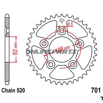 Bagtandhjul 42 T, Størrelse 520Inner Diameter 62 Bolt Spacing 108
