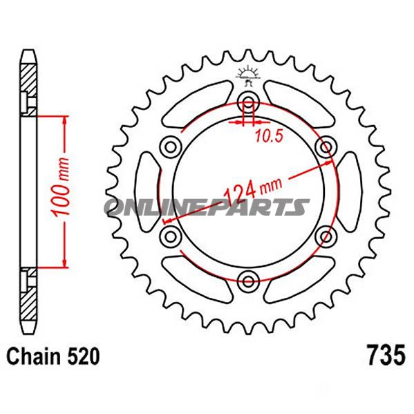 Bagtandhjul 38 T, Størrelse 520Inner Diameter 100 Bolt Spacing 124