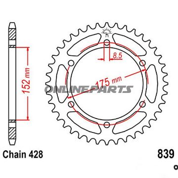 Bagtandhjul 57 T, Størrelse 428Inner Diameter 152 Bolt Spacing 175