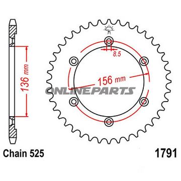 Bagtandhjul 43 T, Størrelse 525Inner Diameter 136 Bolt Spacing 156