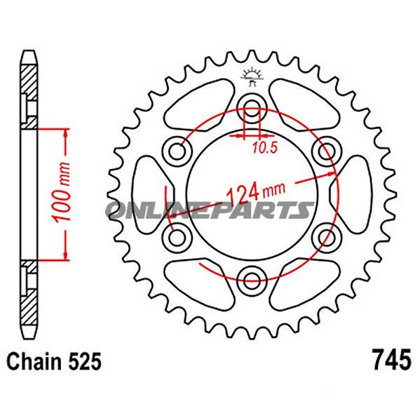 Bagtandhjul 42 T, Størrelse 525Inner Diameter 100 Bolt Spacing 124