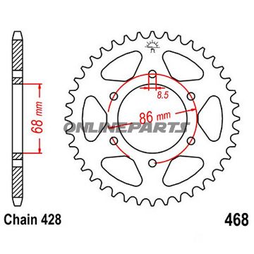 Bagtandhjul 46 T, Størrelse 428Inner Diameter 68 Bolt Spacing 86