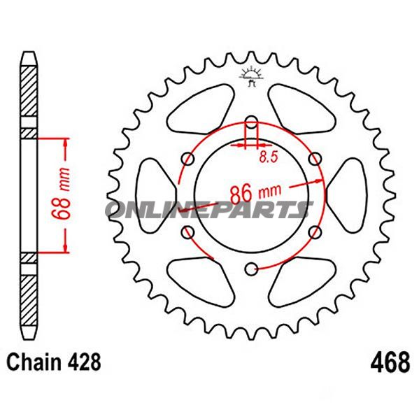 Bagtandhjul 46 T, Størrelse 428Inner Diameter 68 Bolt Spacing 86
