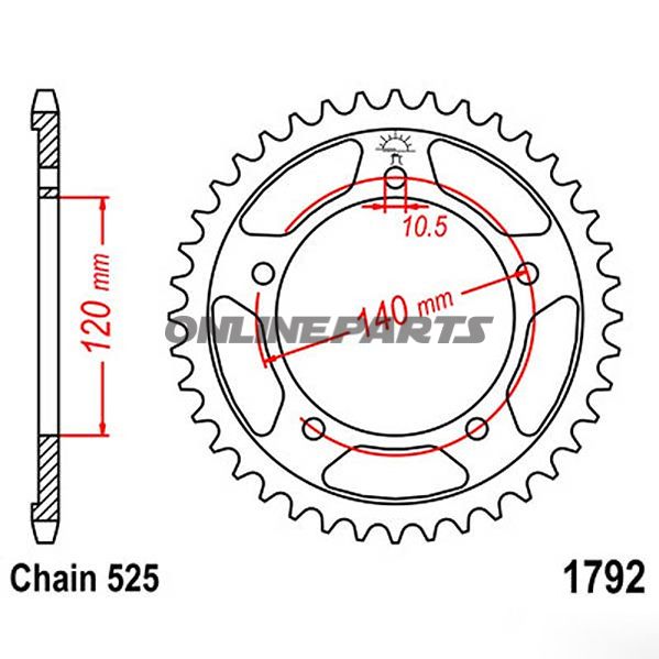 Bagtandhjul 42 T, Størrelse 525Inner Diameter 120 Bolt Spacing 140