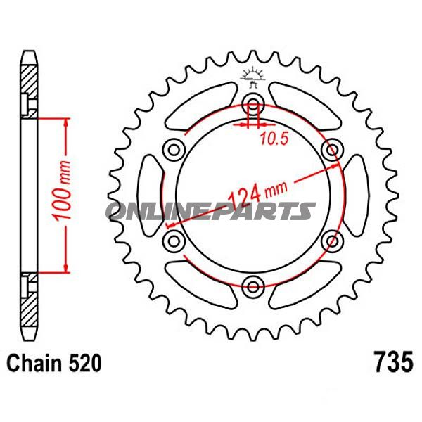 Rear Sprocket 44 Tooth Pitch 520Inner Diameter 100 Bolt Spacing 124