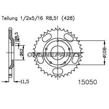Rear Sprocket 55 Tooth 428 Silverinner Diameter 62 Bolt Spacing 108