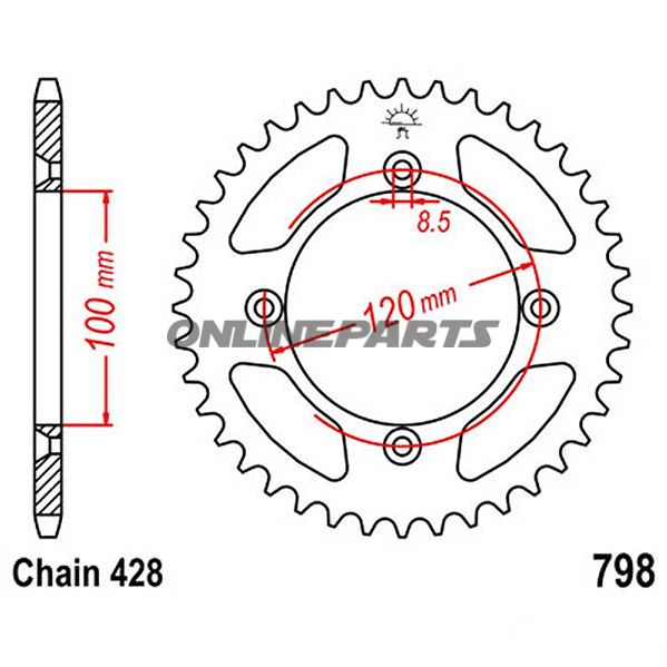 Rear Sprocket 47 Tooth Pitch 428Inner Diameter 100 Bolt Spacing 120