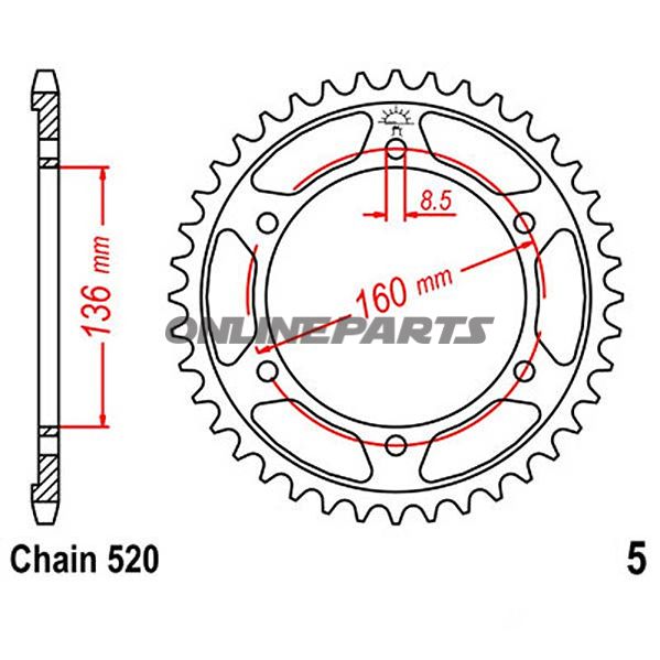 Rear Sprocket 44 Tooth Pitch 520Inner Diameter 136 Bolt Spacing 160