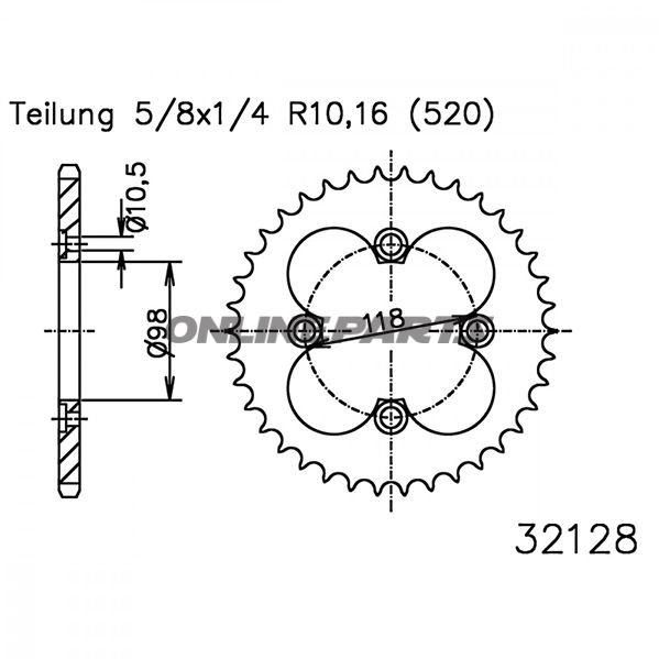 Rear Sprocket 42 Tooth 520 Blackinner Diameter 98 Bolt Spacing 118