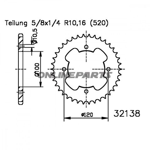 Rear Sprocket 32 Tooth Pitch 520Inner Diameter 100 Bolt Spacing 120