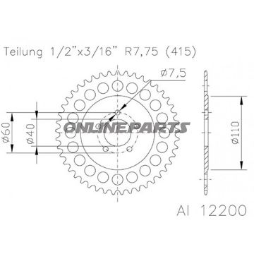 Rear Sprocket Alu 42 Tooth Pitch 415 Silveresj Inner Diameter 040 Bolt Spacing 060