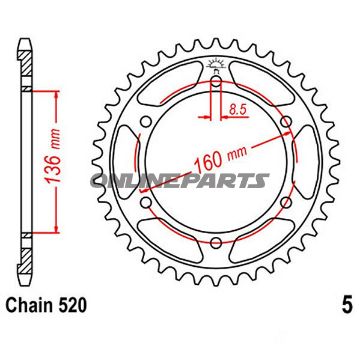 Bagtandhjul 43 T, Størrelse 520Inner Diameter 136 Bolt Spacing 160
