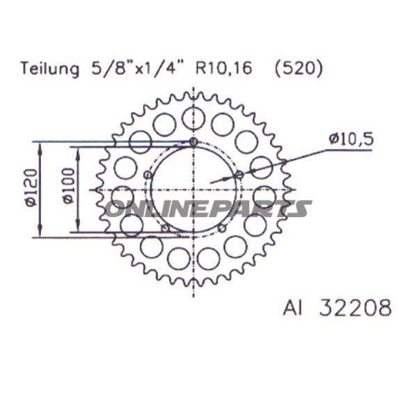 Aluminium Tandhjul 42Z tænder 520 sølv Esjot indre diameter 100 hul cirkel 120