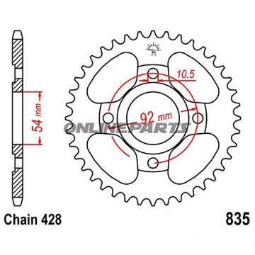 Tandhjul 45Z tænder 428 Indre diameter 054 Hulmønster 092